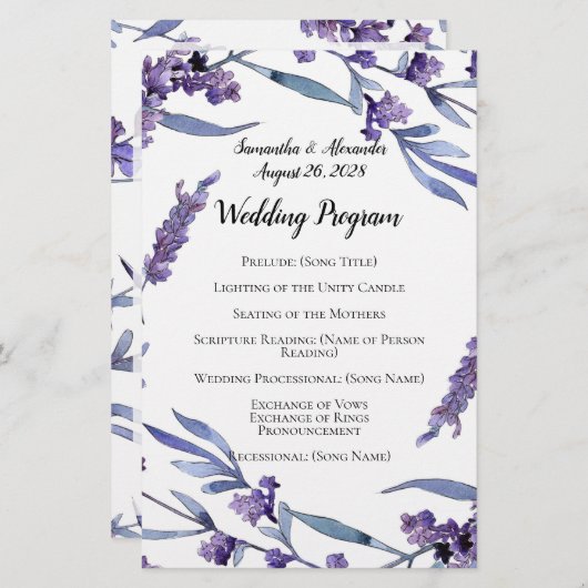 Lovely Lilac Watercolor Élégant programme de maria (Devant / Derrière)