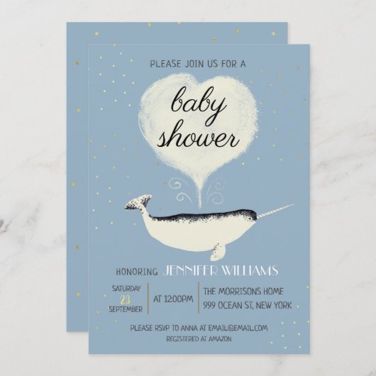 Lovely Narwhale Baby shower Blue Invitation (Voorkant / Achterkant)