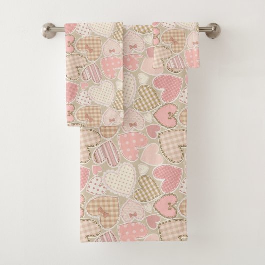 Lovely Patchwork Quilt Pattern Pink Hearts Bows Bad Handdoek (Insitu)