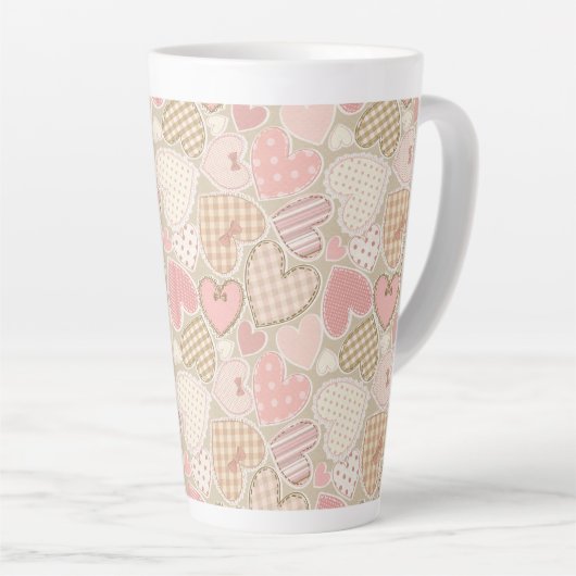 Lovely Patchwork Quilt Pattern Pink Hearts Bows Latte Mok (Rechterhoek)
