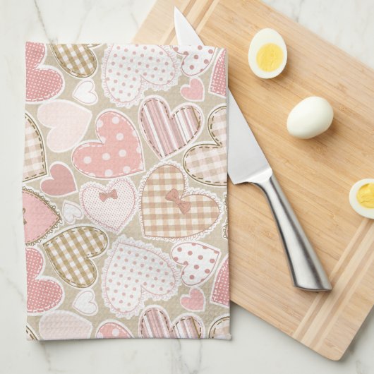 Lovely Patchwork Quilt Pattern Pink Hearts Bows Theedoek (Quarter Fold)