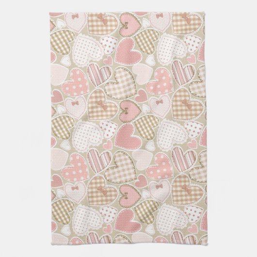 Lovely Patchwork Quilt Pattern Pink Hearts Bows Theedoek (Verticaal)