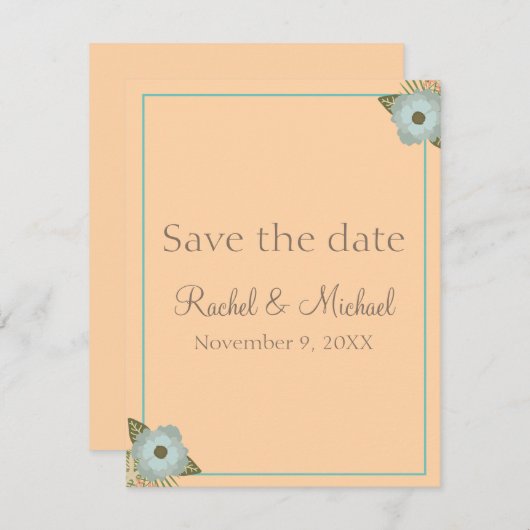 Lovely Peach and Blauwgroen Wedding Affair Save The Date (Voorkant / Achterkant)