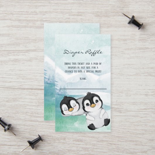 Lovely Penguins Baby shower Diaper Raffle Tickets Contactkaartje (Voorkant / Achterkant in situ)