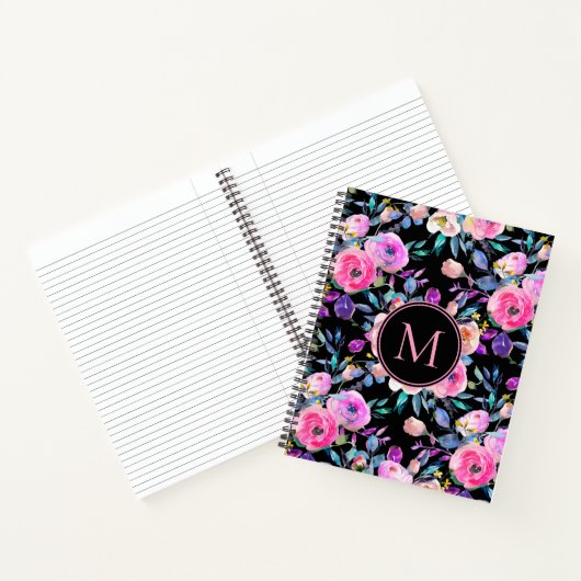Lovely Pink Black Floral Monogram Notitieboek (Binnen)
