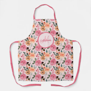 Lovely Pink, Oranje Tan Floral Monogrammen Schort