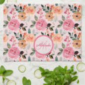 Lovely Pink, Oranje Tan Floral Monogrammen Theedoek (Gevouwen)