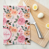 Lovely Pink, Oranje Tan Floral Monogrammen Theedoek (Quarter Fold)