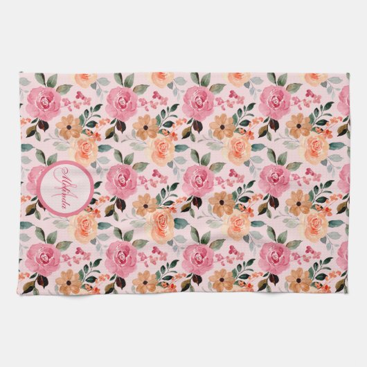 Lovely Pink, Oranje Tan Floral Monogrammen Theedoek (Horizontaal)