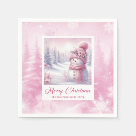 Lovely Pink Snowman Winter Scene Christmas Napkins Servet (Voorkant)