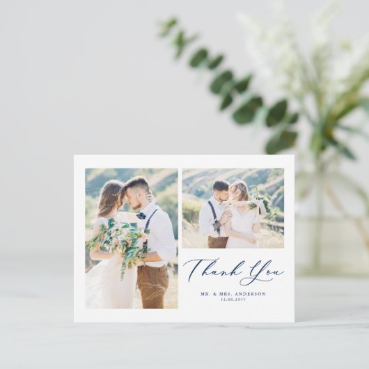 Lovely Script Blue Two Photo Collage Hartelijk dan Briefkaart (Staand voorkant)