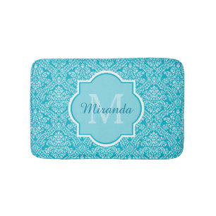 Lovely Turquoise Damask Patroonmonogram met naam Badmat