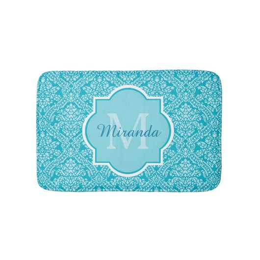 Lovely Turquoise Damask Patroonmonogram met naam Badmat (Voorkant)