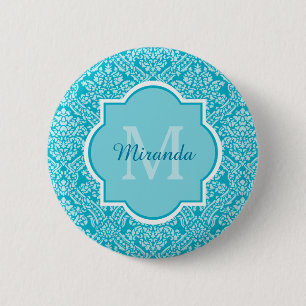 Lovely Turquoise Damask Patroonmonogram met naam Ronde Button 5,7 Cm