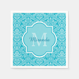 Lovely Turquoise Damask Patroonmonogram met naam Servetten