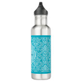 Lovely Turquoise Damask Patroonmonogram met naam Waterfles (Rechts)