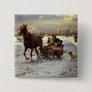Lovers in een slee vierkante button 5,1 cm