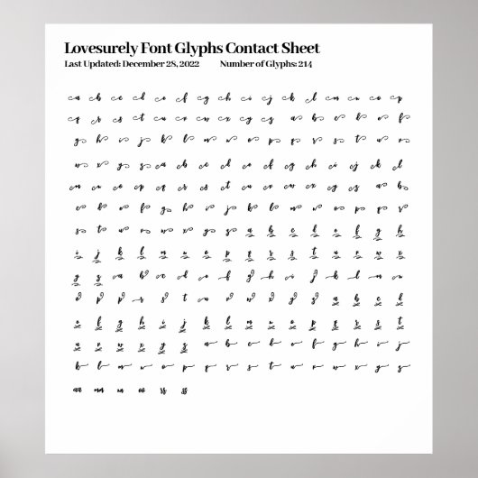 Lovesurely Font Glyphs Contactblad Poster (Voorkant)