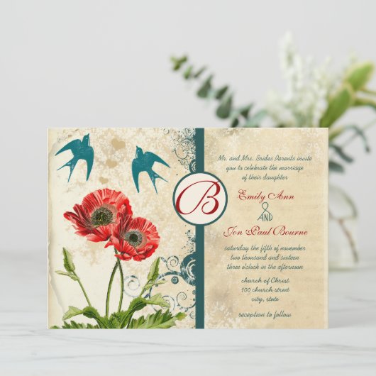  Lovevogels Damask Red Poppy Wedding Kaart (Staand voorkant)