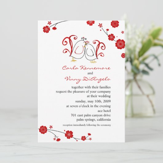 Lovevogels en Cherry Blossom Wedding Invitations Kaart (Staand voorkant)
