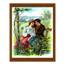 Loving Couple Hugging Bench Floral
