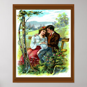 Loving Couple Hugging Bench Floral Poster