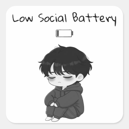 Low Social Battery Relatable Chibi Boy Vierkante Sticker (Voorkant)