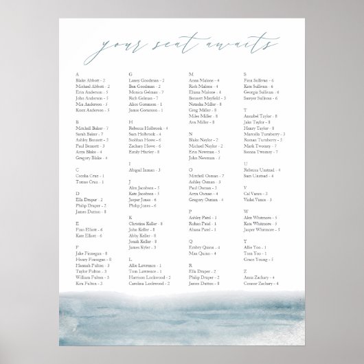 Low Tide Coastal Waterverf Ocean Seating Chart Poster (Voorkant)