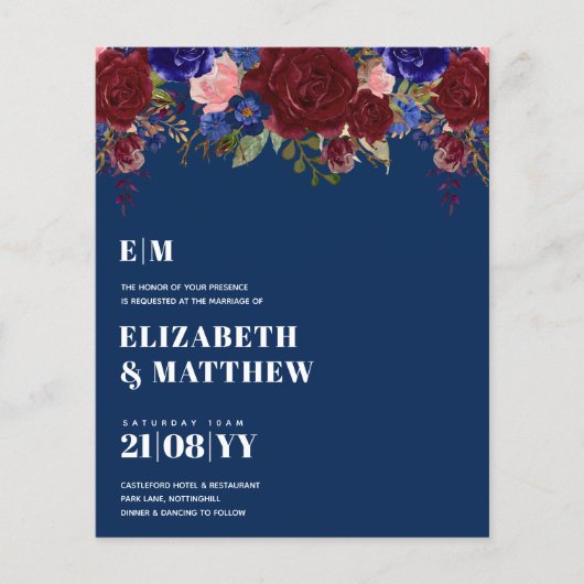 LOWEST PRICED Burgundy Blue Floral Wedding Flyer (Voorkant)