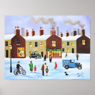 Lowry geïnspireerde nostalgische winterse straats poster