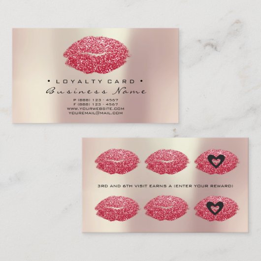 Loyalty Kaart 6 Beauty Salon Kiss Red Hearts Lips (Voorkant / Achterkant)