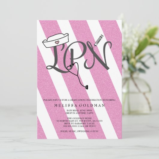 LPN-verpleegster afstuderen nodigt roze warme glit Kaart (Staand voorkant)