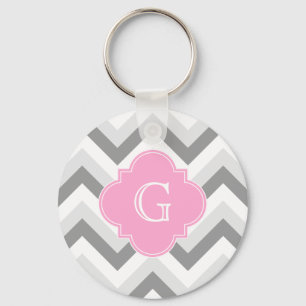 Lt. 2 Gray White Chevron Pink Quatrefoil Monogram Sleutelhanger