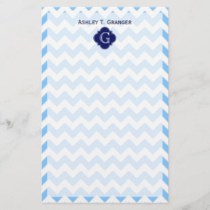 Lt Blu Wht Chevron Zigzag Navy Quatrefoil Monogram Briefpapier