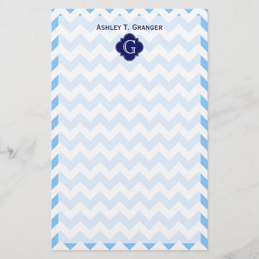 Lt Blu Wht Chevron Zigzag Navy Quatrefoil Monogram Briefpapier (Voorkant)