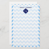 Lt Blu Wht Chevron Zigzag Navy Quatrefoil Monogram Briefpapier (Voorkant / Achterkant)