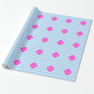 Lt Blue Wht Chevron Hot Pink Quatrefoil Monogram Cadeaupapier