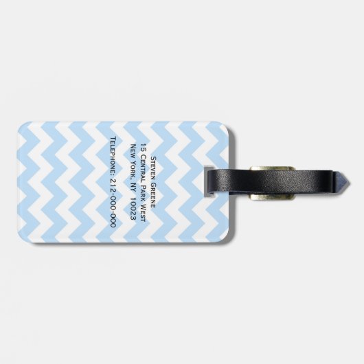 Lt Blue Wht Chevron Zigzag Wht Quatrefoil Monogram Bagagelabel (Achterkant horizontaal)