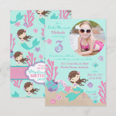 Lt Brunette Mermaid Invitation au troisième annive (Devant / Derrière)