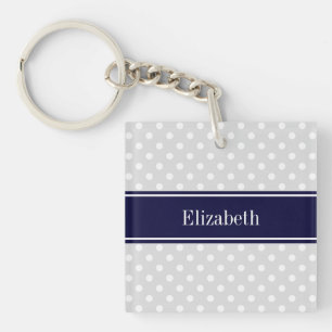 Lt Gray and White Polka Dots Navy Name Monogram Sleutelhanger