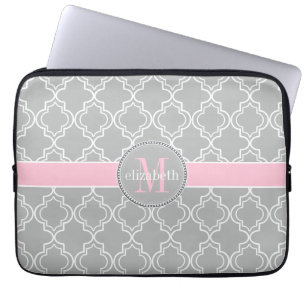 Lt Gray Pink White Moroccan Quatrefoil Monogram Laptop Sleeve
