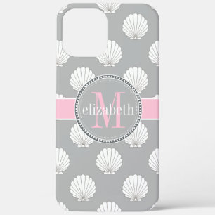 Lt Gray   Roze lamschelpen Seashells Monogram iPhone 12 Pro Max Hoesje