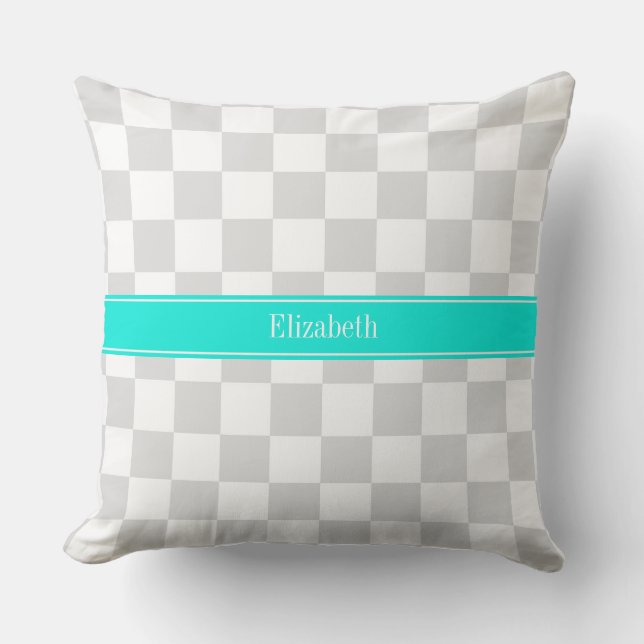 Lt Gray White Checker Aqua Ribbon Monogram Kussen (Voorkant)