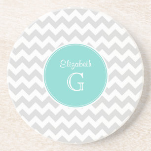 Lt Gray White Chevron Rnd Aqua Name Monogram Zandsteen Onderzetter