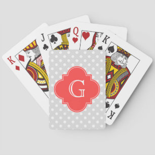 Lt Gray White Polka Dot Coral Quatrefoil Monogram Pokerkaarten