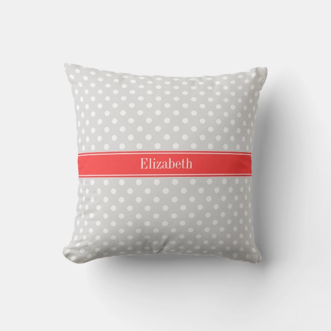 Lt Gray White Polka Dots Coral Name Monogram Kussen (Voorkant)