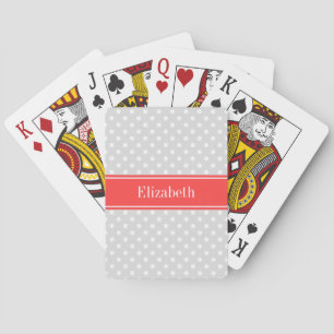 Lt Gray White Polka Dots Coral Name Monogram Pokerkaarten