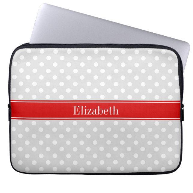 Lt Gray White Polka Dots Red Name Monogram Laptop Sleeve (Voorkant)