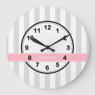 Lt Gray White Stripe Roze Naam Monogram Grote Klok