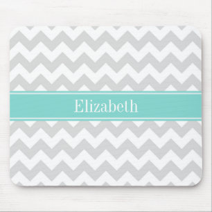 Lt Gray Wht Chevron Aqua Turquoise Naam Monogram Muismat